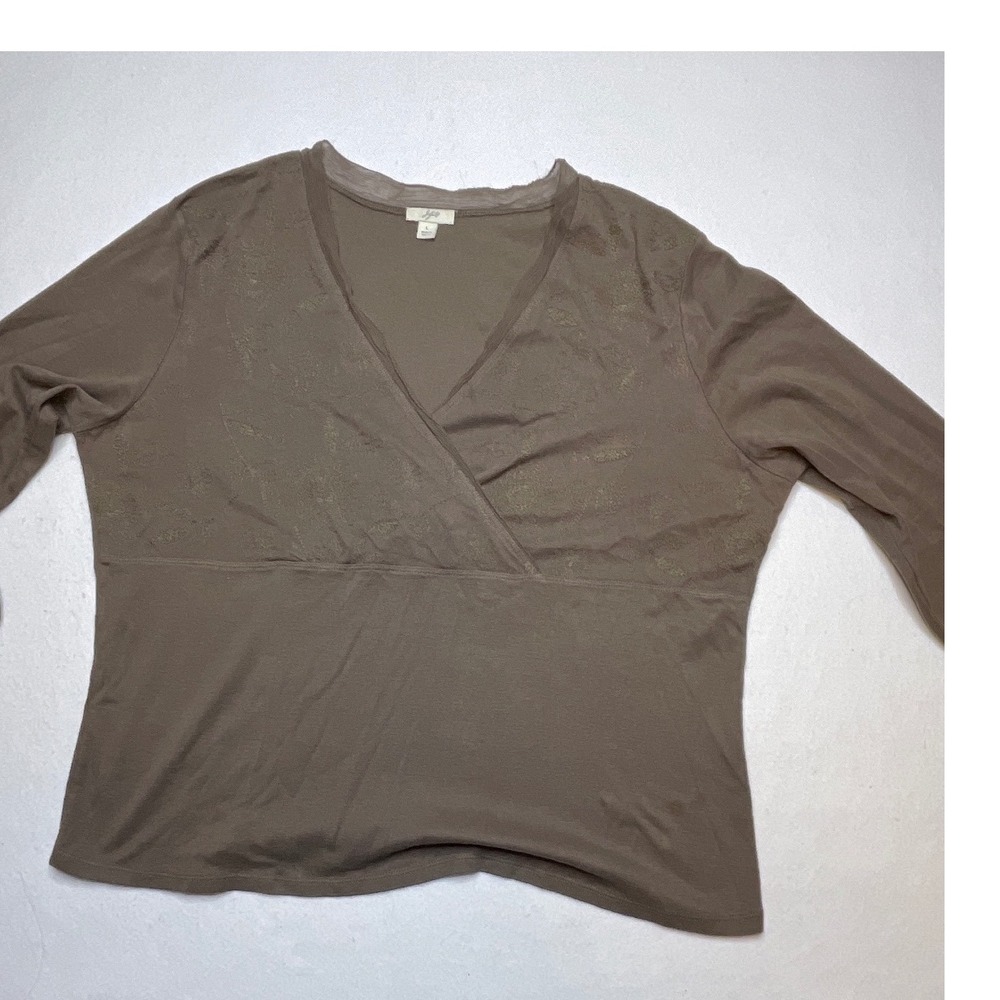 J. Jill Women Top Embroidered Surplice V-Neck Silk Trim L Taupe Brown